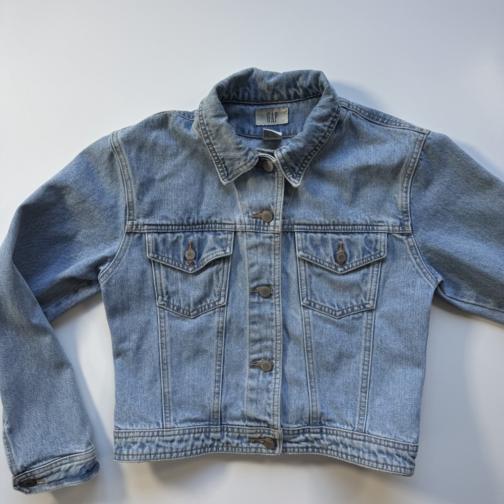 Vintage 90s GAP Cropped Light Wash Denim Jean Trucker Jacket Womens Medium Faded